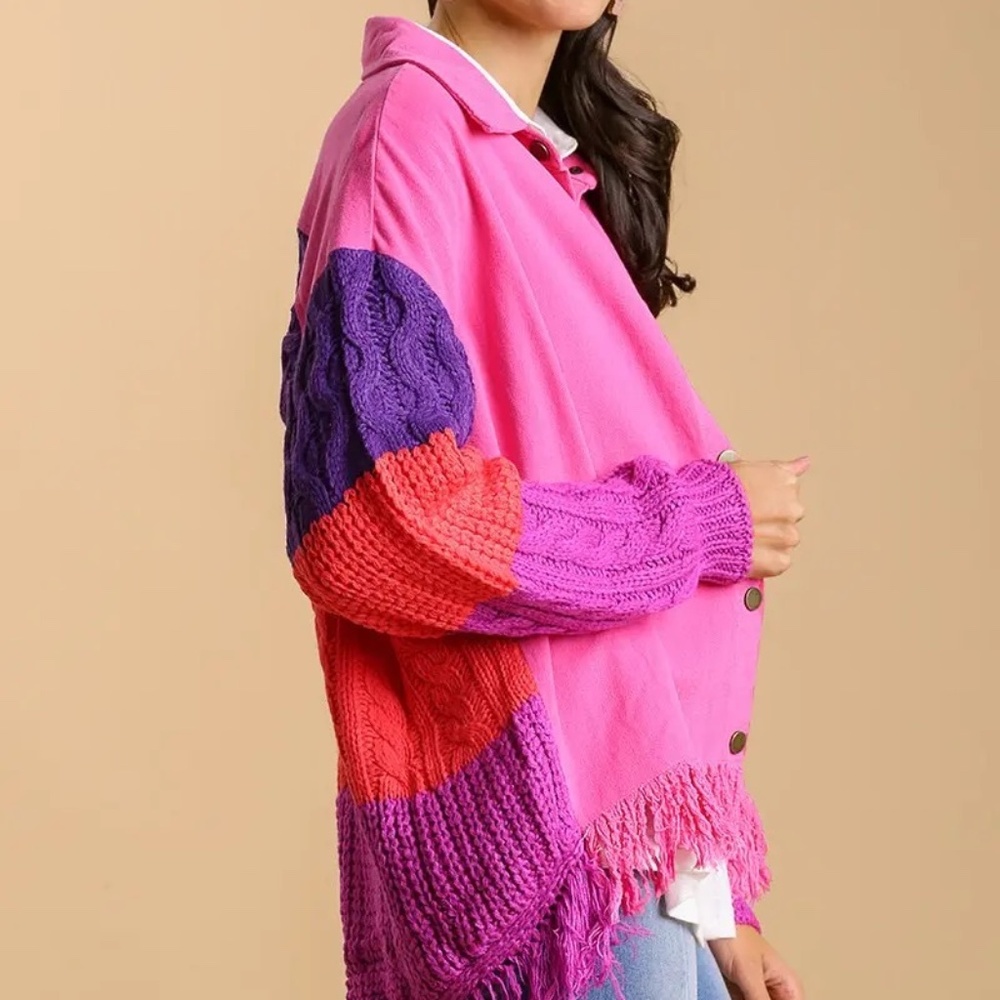 New Umgee Hi Low Fringe Button Down Sweater Shacket Cable Knit Pink Colorblock - Picture 3 of 8